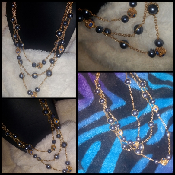 Coldwater Creek Tri Layered Gold Necklace with Blue& Gold Round/Square Pendants - Picture 2 of 5